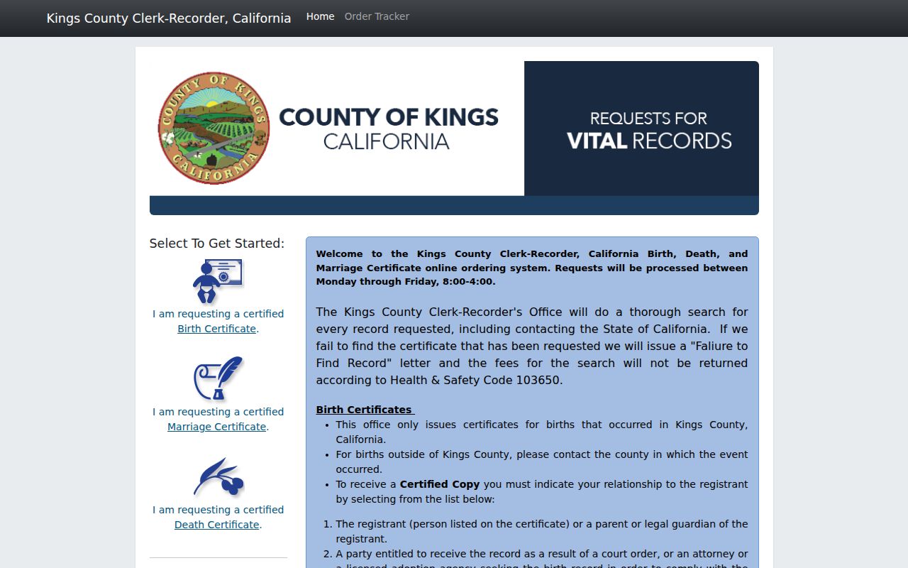 Hanford public records request portal for Kings County vital certificates