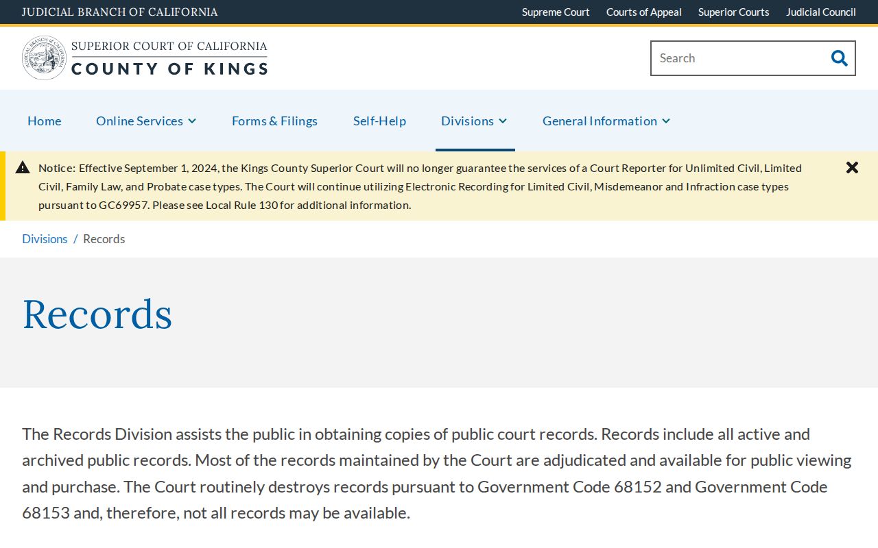 Hanford public records information from Kings Superior Court Records Division